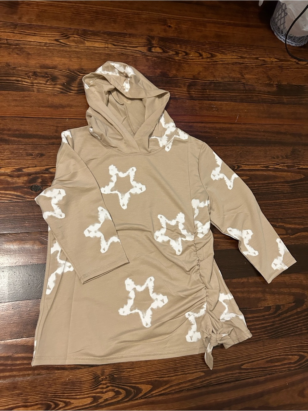 Sportelle Beige Hooded Star-Print Ruched Side Top